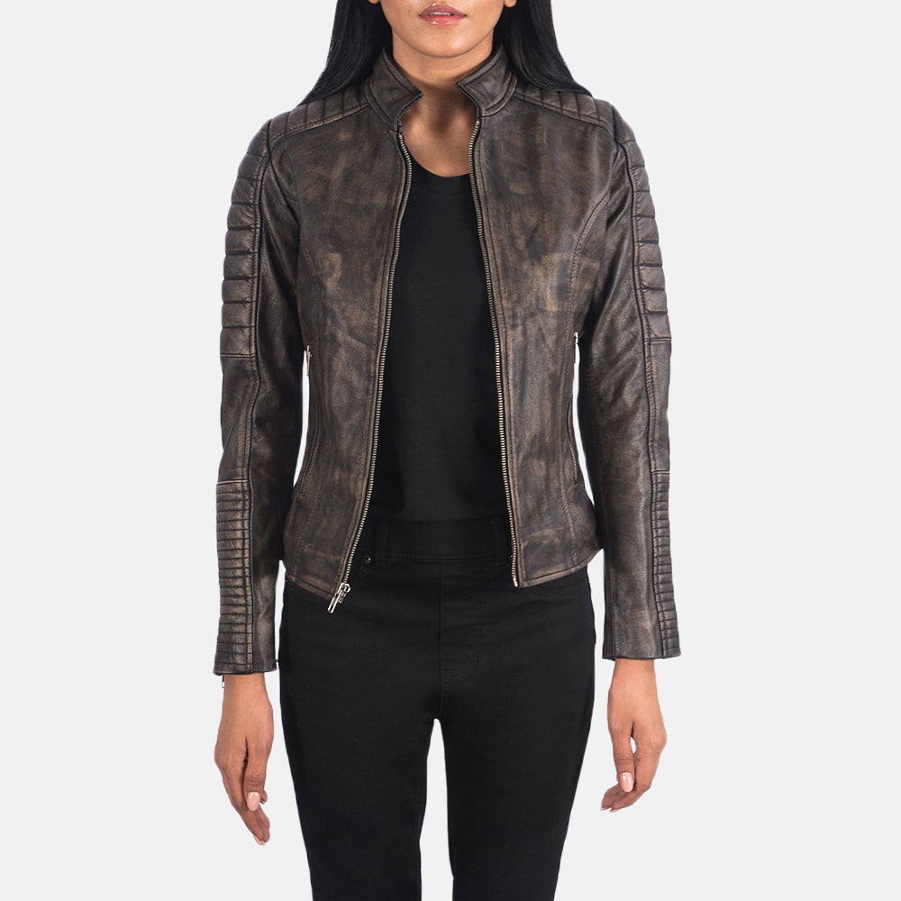 
Adalyn Стеганый Distressed Коричневый Кожаная куртка-косуха для Женщин in Distressed Brown Goatskin Leather - Вид спереди и приталенный силуэт | Купить в официальном онлайн-магазине