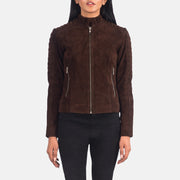 
Adalyn Стеганый Mocha Suede Кожаная куртка-косуха для Женщин in Mocha Brown Goatskin Suede - Вид спереди и приталенный силуэт | Купить в официальном онлайн-магазине