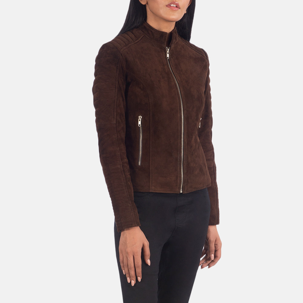
Mocha Brown Goatskin Suede Biker Jacket - Вид сзади, подчеркивающий посадку по плечам и ровный край