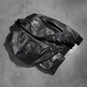 
Rib knit & Hem Craftsmanship Construction Detail on Agent Shadow Черный Кожаный бомбер для Мужчин