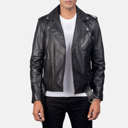 
Allaric Alley Black Leather Biker Jacket in Black Cowhide Leather - Вид спереди и приталенный силуэт | Купить в официальном онлайн-магазине