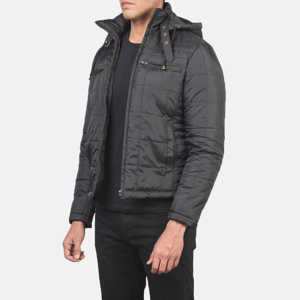 
Alps Стеганый Черный Hooded Windbreaker Кожаная куртка для Мужчин - Вид сзади, подчеркивающий посадку по плечам и ровный край