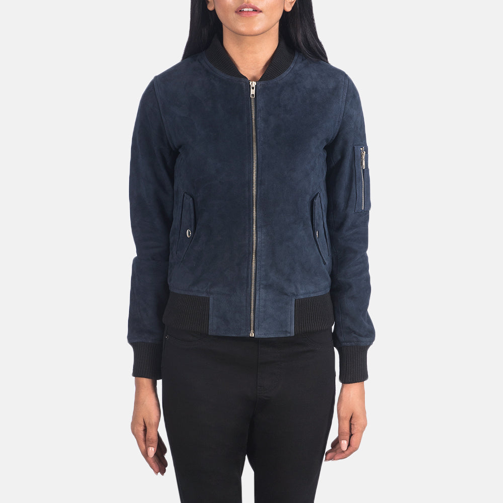 Close-Up Detail of Rib Knit & Zipper Hardware on Women's Ava Ma-1 Blue Suede Bomber Jacket