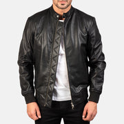 
Avan Black Leather Bomber Jacket in Black Cowhide (Torso) &Amp; Goatskin (Sleeves) Leather - Вид спереди и приталенный силуэт | Купить в официальном онлайн-магазине