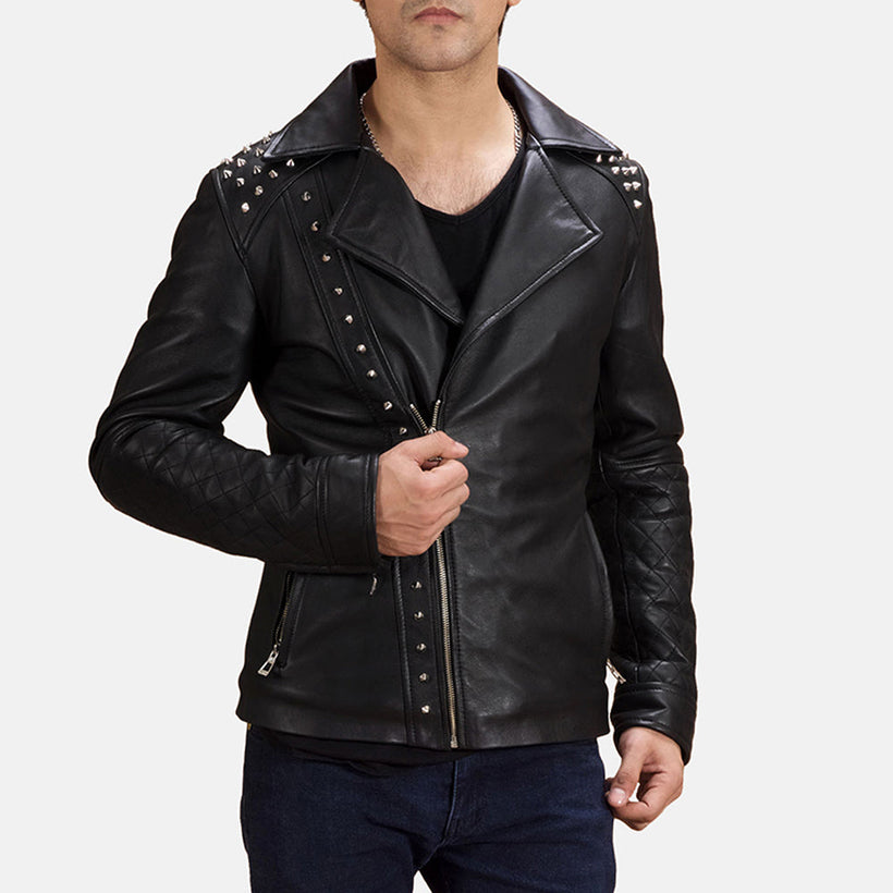 Черная Studded Кожаная косуха мужская