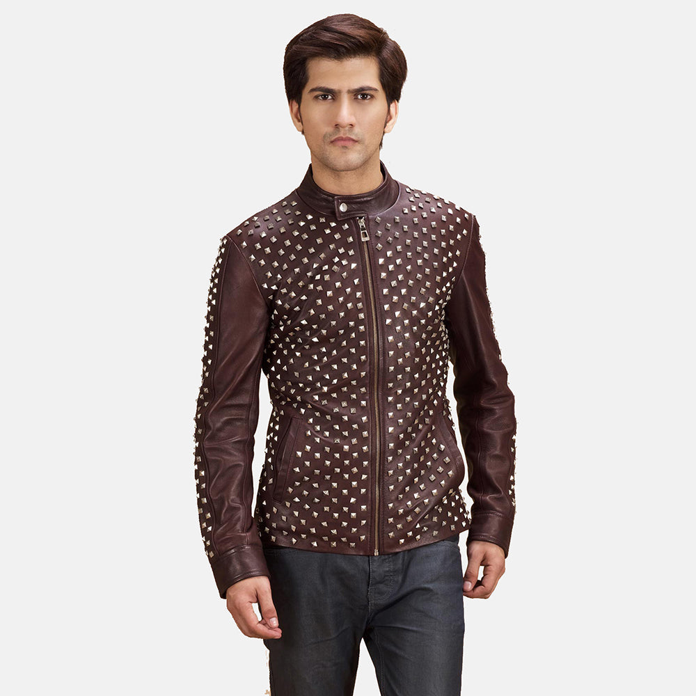 Blix Bono Maroon Leather Biker Jacket in Maroon Sheepskin Leather - Front Profile View & Tailored Silhouette | Buy Online