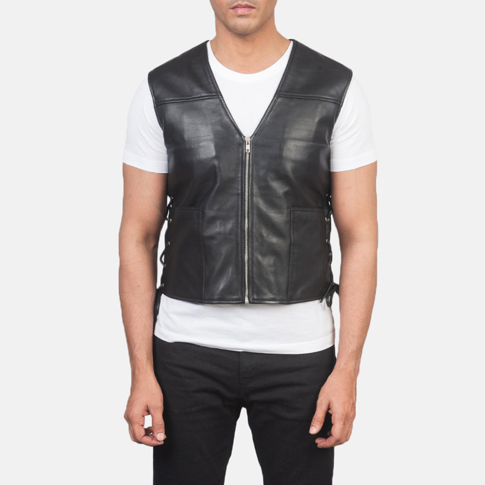 
Крупный план деталей of Classic Collar & Zipper Hardware on Brandon Черный Кожаный жилет для Мужчин
