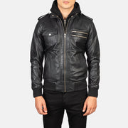 
Крупный план деталей of High Neck & Zipper Hardware on Bravado Black Hooded Leather Bomber Jacket