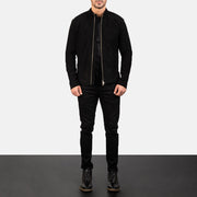 Men's Charcoal Black Suede Biker Jacket - Lateral Side Profile View Showing Sleeve Cut &amp; Athletic Taper Fit