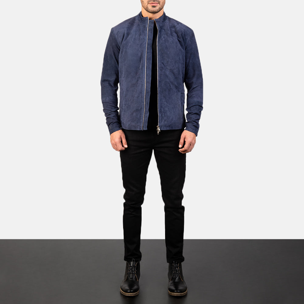 
Charcoal Navy Синий Suede Кожаная куртка-косуха для Мужчин - Вид сбоку, демонстрирующий эргономичный крой рукава