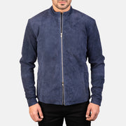
Крупный план деталей of Mandarin & Zipper with Dual Puller Hardware on Charcoal Navy Синий Suede Кожаная куртка-косуха для Мужчин