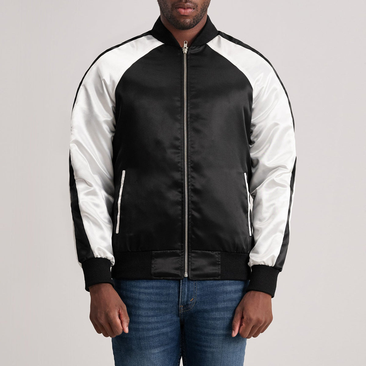 Clarke Black Varsity Jacket in Black &amp; White Satin - Front Profile View &amp; Tailored Silhouette | Buy Online