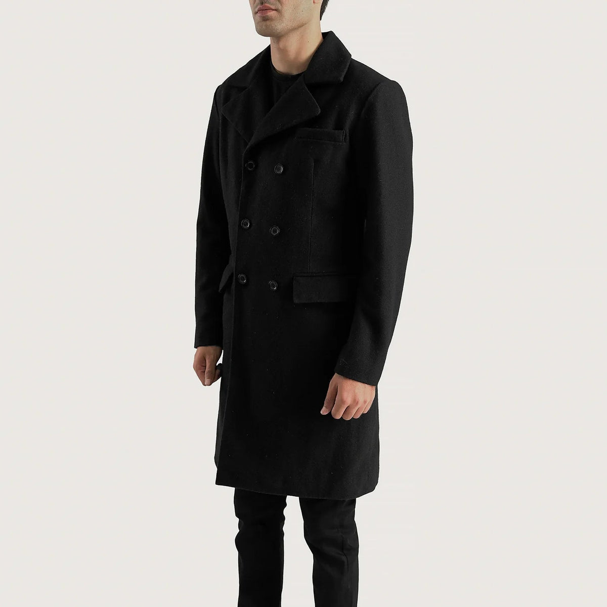 
Black Synthetic Wool Trench Coat - Вид сзади, подчеркивающий посадку по плечам и ровный край