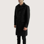 
Black Synthetic Wool Trench Coat - Вид сзади, подчеркивающий посадку по плечам и ровный край