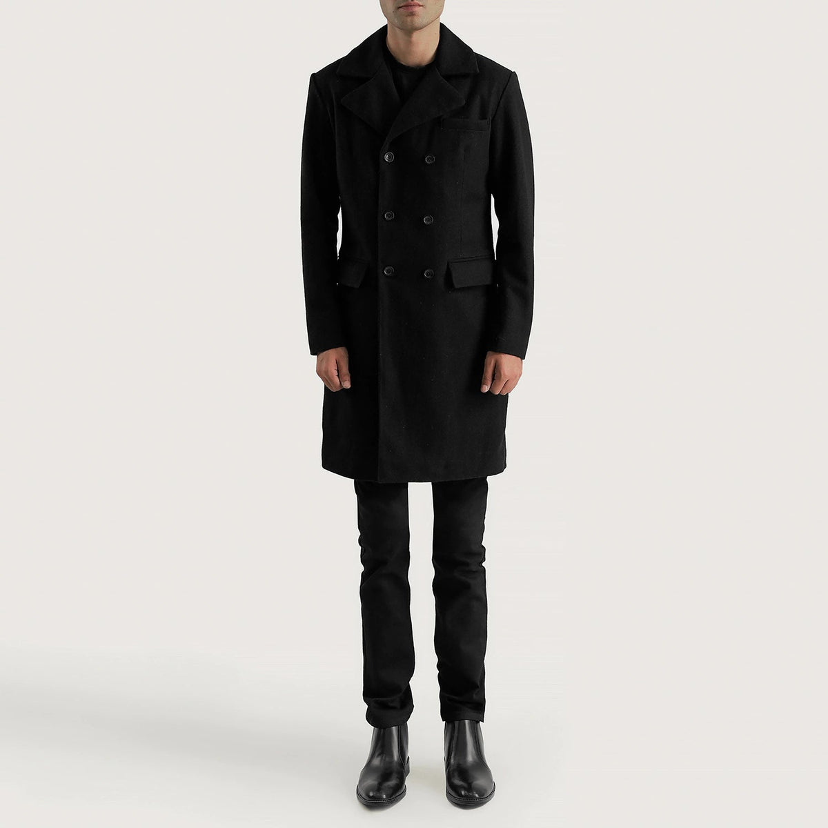 
Claud Black Wool Double Breasted Coat - Вид сбоку, демонстрирующий эргономичный крой рукава