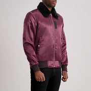 
Maroon Satin Bomber Jacket - Вид сзади, подчеркивающий посадку по плечам и ровный край