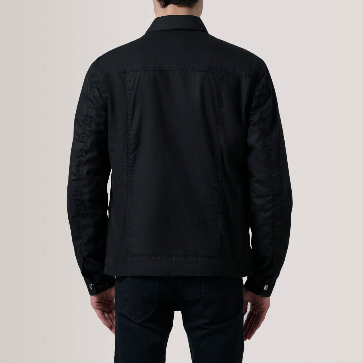 
Крупный план деталей of Classic Collar & Snap Button Hardware on Colberto Черный Waxed Canvas Trucker Кожаная куртка для Мужчин For Men
