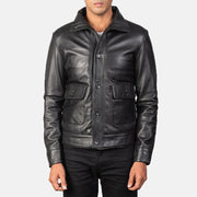 
Norman Black Hooded Bomber Leather Puffer Jacket in Blue Sheepskin Leather - Вид спереди и приталенный силуэт | Купить в официальном онлайн-магазине