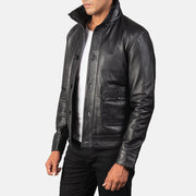 
Blue Sheepskin Leather Bomber Jacket - Вид сзади, подчеркивающий посадку по плечам и ровный край