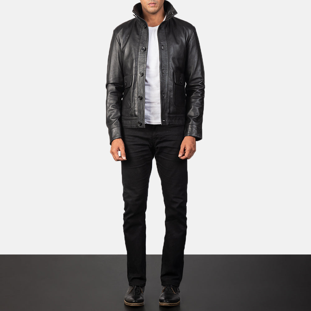 
Крупный план деталей of High-neck Buttoned & Button Hardware on Norman Black Hooded Bomber Leather Puffer Jacket