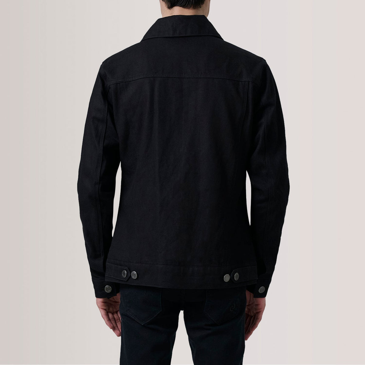 Close-Up Detail of Classic Collar & Heavy-Duty Zipper Hardware on Conard Black Denim Trucker Jacket For Men