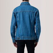 Close-Up Detail of Classic Collar & Heavy-Duty Zipper Hardware on Conard Blue Denim Trucker Jacket For Men