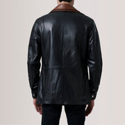 Close-Up Detail of Shirt &amp; Zipper with placket Hardware on Connor Black Leather Coat For Men