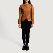 
Крупный план деталей of Classic Collar & Button Hardware on County Рыжий Overlap Кожаная куртка для Женщин