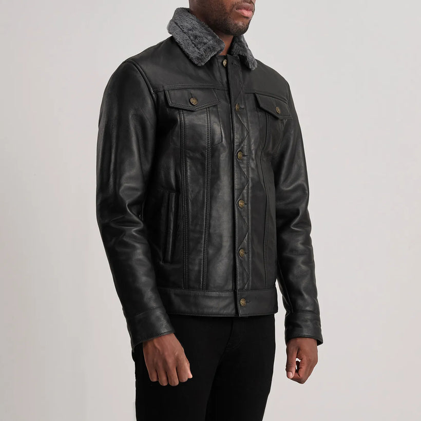 Dallis Черный Leather Shearling Trucker Кожаная куртка для Мужчин