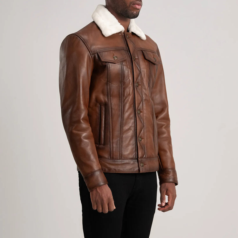 Dallis Коричневый Leather Shearling Trucker Кожаная куртка для Мужчин