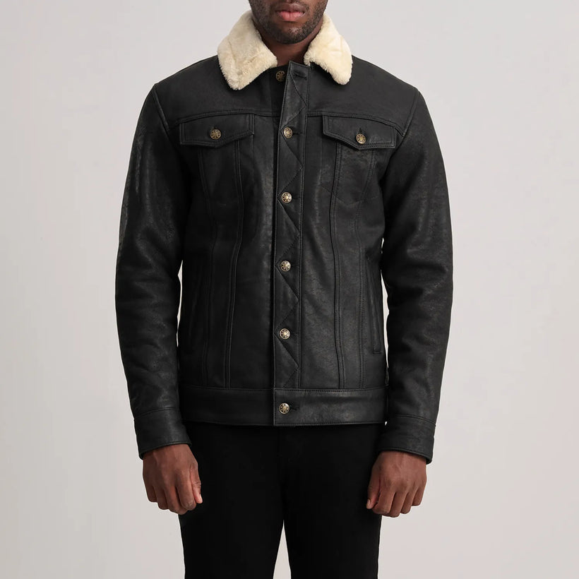 Dallis Distressed Черный Leather Shearling Trucker Кожаная куртка для Мужчин
