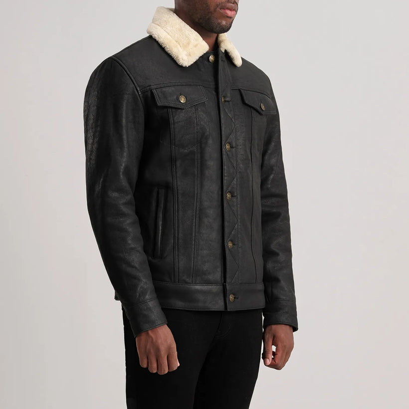 Dallis Distressed Черный Leather Shearling Trucker Кожаная куртка для Мужчин