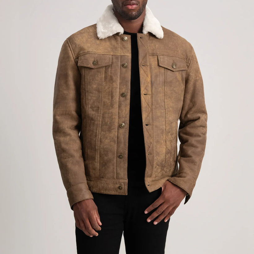 Dallis Distressed Коричневый Leather Shearling Trucker Кожаная куртка для Мужчин