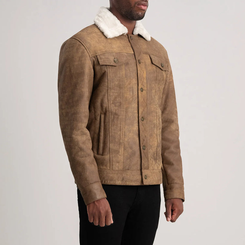 Dallis Distressed Коричневый Leather Shearling Trucker Кожаная куртка для Мужчин