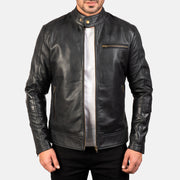 Men's Dean Black Leather Biker Jacket in Black Cow Hide Leather - Front Profile View &amp; Tailored Silhouette | Buy Online
