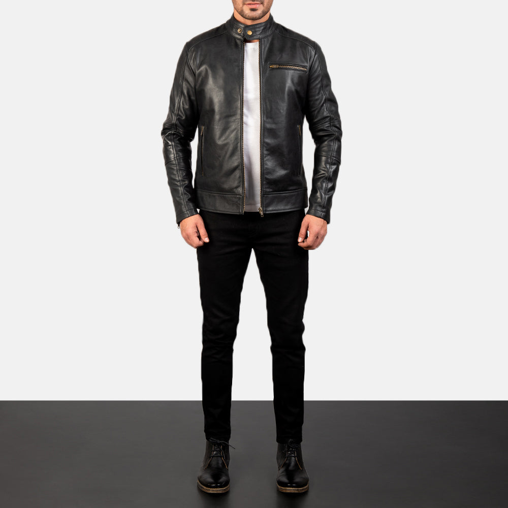 Men's Dean Black Leather Biker Jacket - Lateral Side Profile View Showing Sleeve Cut &amp; Athletic Taper Fit
