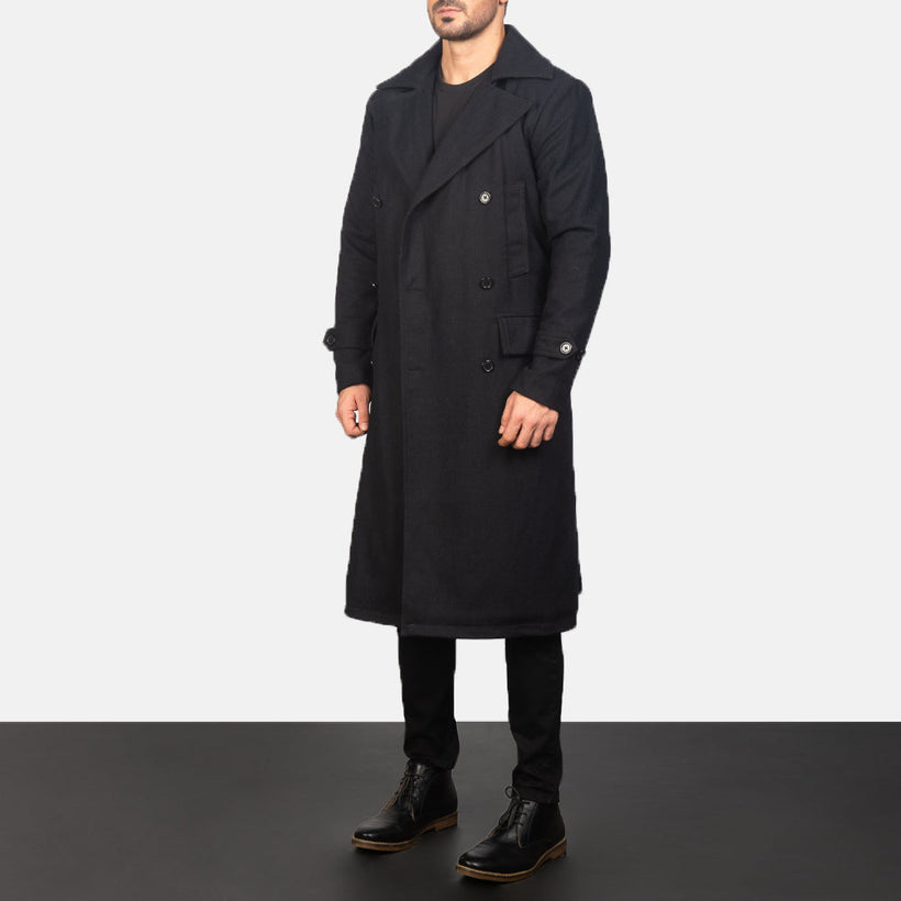 Detective Черный Wool Кожаное пальто для Мужчин
