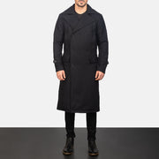 Close-Up Detail of Notch &amp; Button Hardware on Men's Detective Black Wool Coat