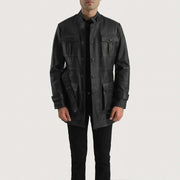 Dolf Black Leather Jacket in Black Cowhide Leather - Front Profile View &amp; Tailored Silhouette | Buy Online