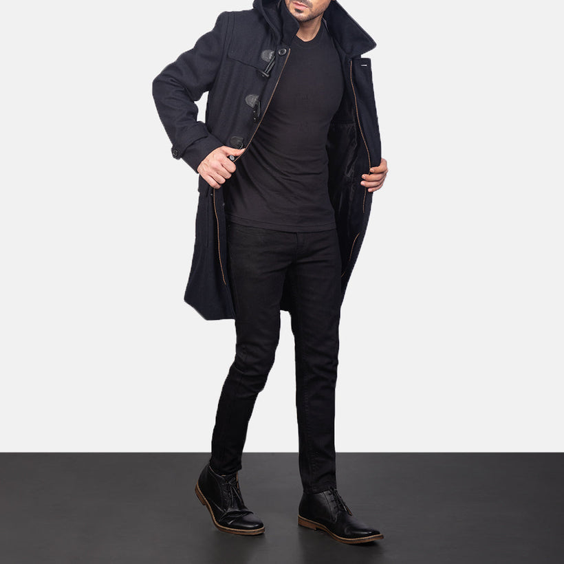 Drake Черная Wool Hooded Duffle Кожаное пальто мужская