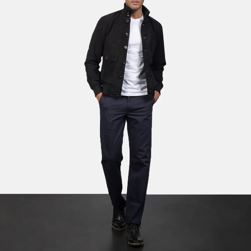 
Крупный план деталей of Knit Rib & Button Hardware on Eaton Brown Suede Bomber Jacket