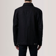 Close-Up Detail of Classic Collar & Heavy-Duty Zipper Hardware on Eddie Black Oversized Denim Trucker Jacket For Men