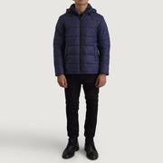 
Erico Синий Hooded Puffer Кожаная куртка для Мужчин - Вид сбоку, демонстрирующий эргономичный крой рукава