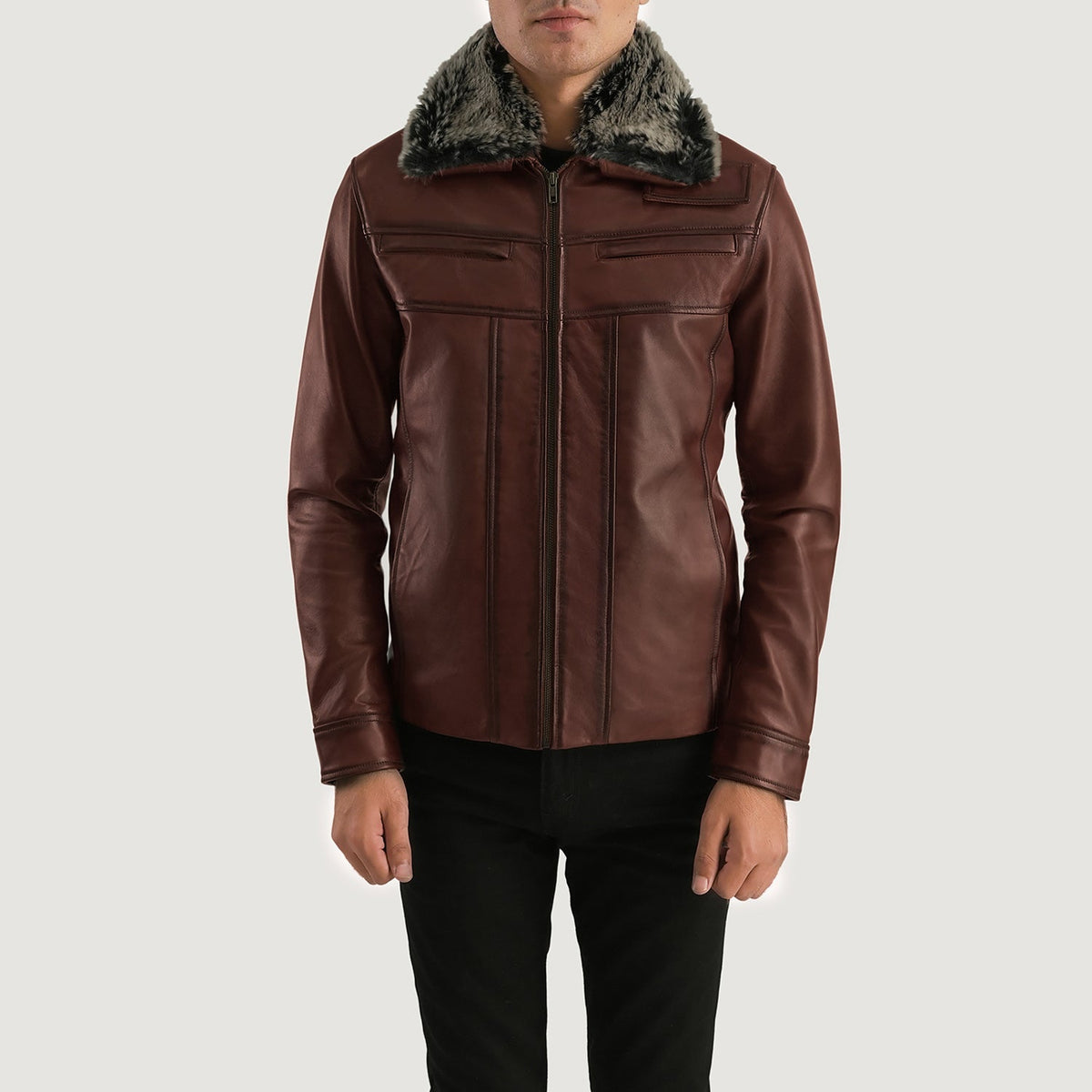 
Evan Hart Fur Коричневый Кожаная куртка для Мужчин in Distressed Brown Sheepskin Burnishing - Вид спереди и приталенный силуэт | Купить в официальном онлайн-магазине