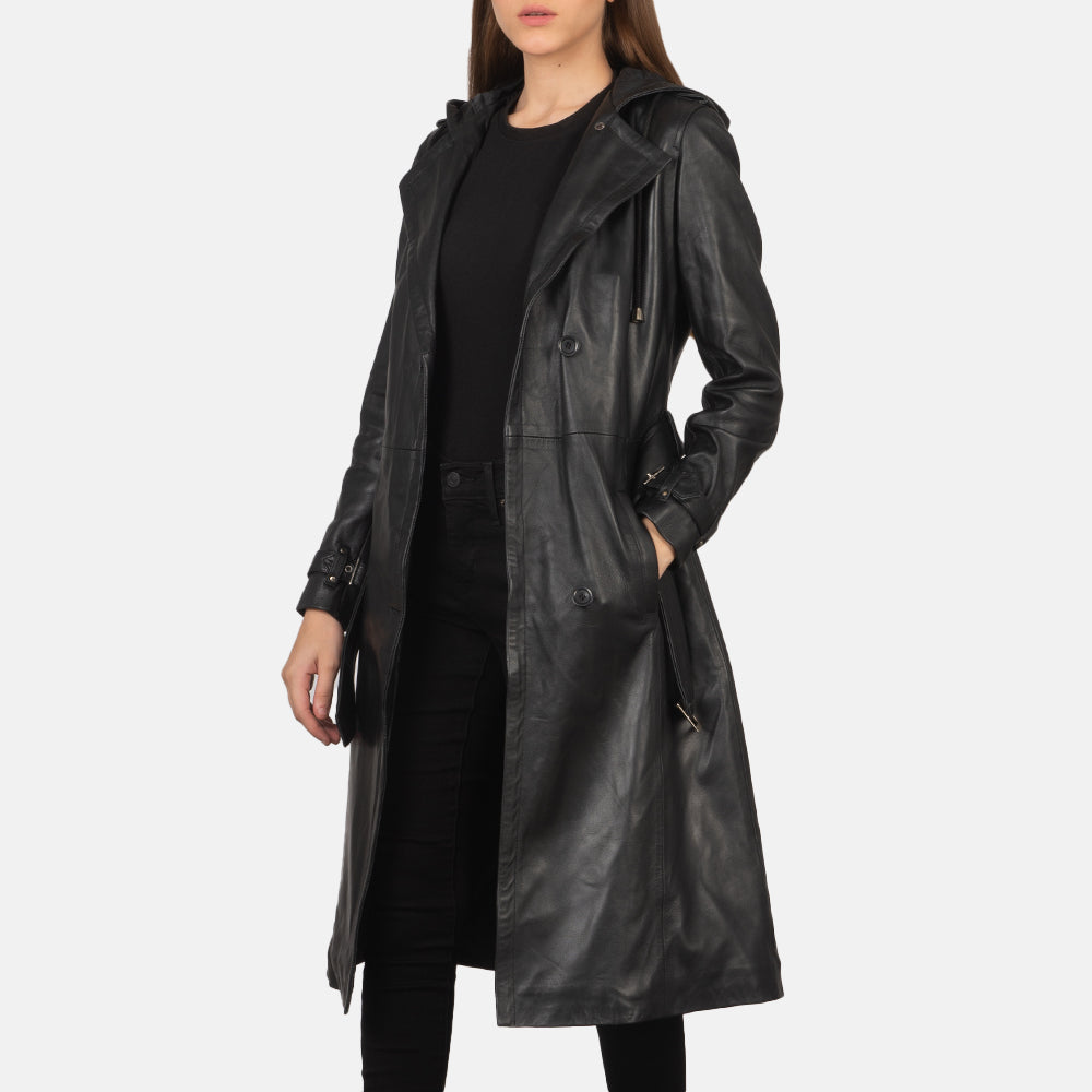 
Fixon Hooded Черный Кожаный тренчкот для Женщин in Black Sheepskin Leather - Вид спереди и приталенный силуэт | Купить в официальном онлайн-магазине