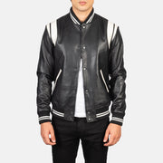 
Dantee Black Leather Varsity Jacket in Black & White Sheepskin Leather - Вид спереди и приталенный силуэт | Купить в официальном онлайн-магазине