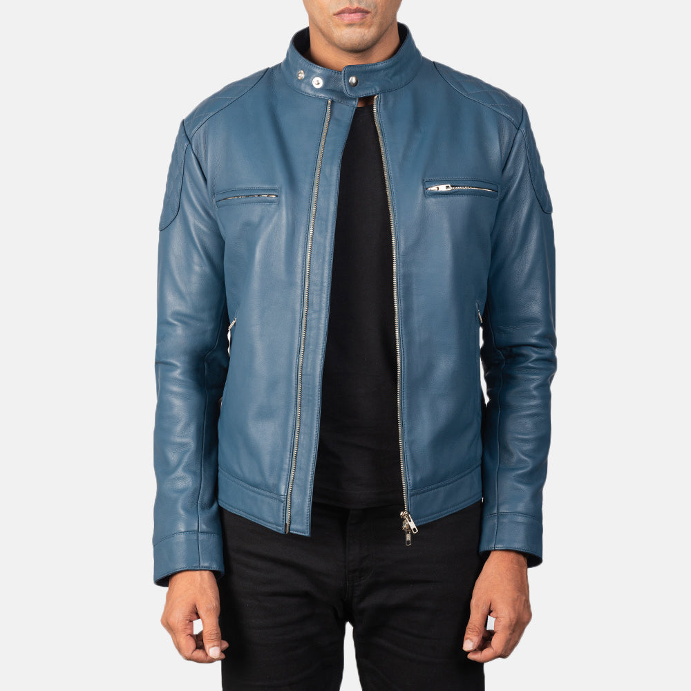 
Gatsby Quilted Blue Leather Biker Jacket in Blue Sheepskin Leather - Вид спереди и приталенный силуэт | Купить в официальном онлайн-магазине