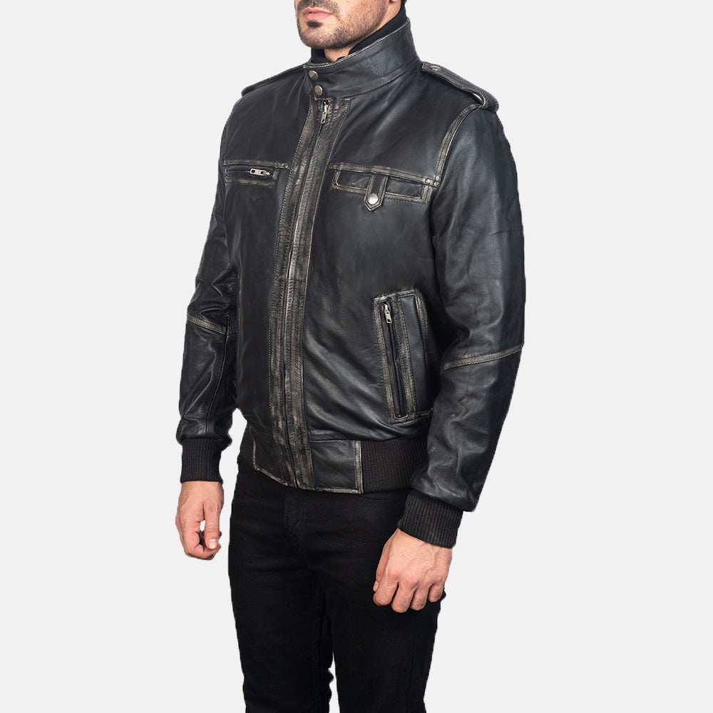 
Black Cowhide Leather Bomber Jacket - Вид сзади, подчеркивающий посадку по плечам и ровный край