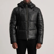 
Крупный план деталей of High neck & Zipper Hardware on Gordon Tan Hooded Leather Puffer Jacket