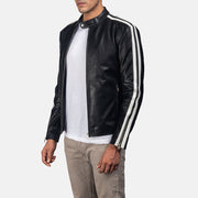 
Black & White Cowhide Leather Biker Jacket - Вид сзади, подчеркивающий посадку по плечам и ровный край